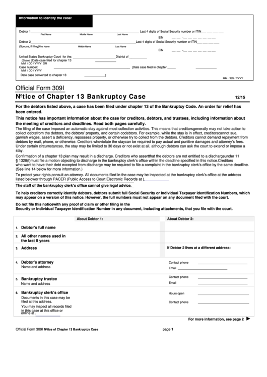 Official Form 309i Notice Of Chapter 13 Bankruptcy Case Printable Pdf 