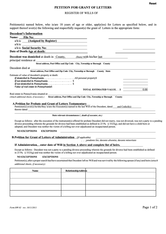 Fillable Petition For Grant Of Letters Form Printable pdf