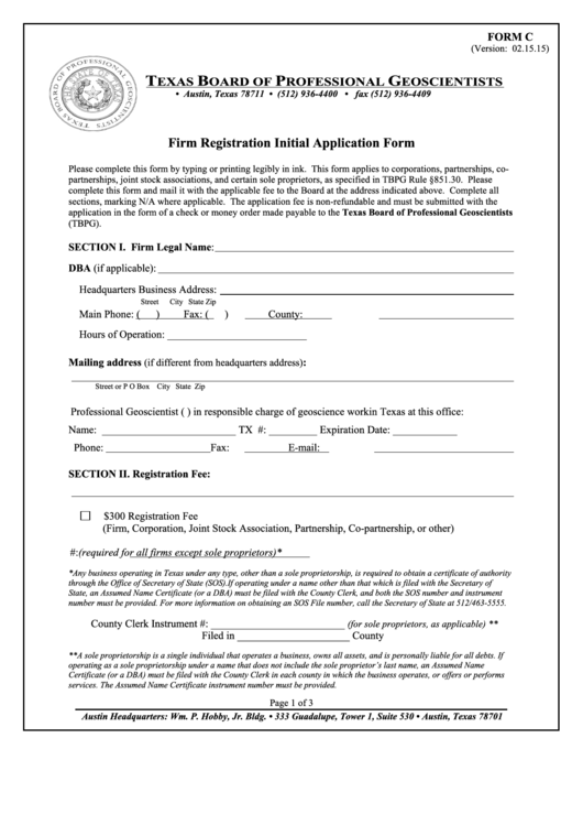 Fillable Firm Registration Initial Application Form Printable pdf