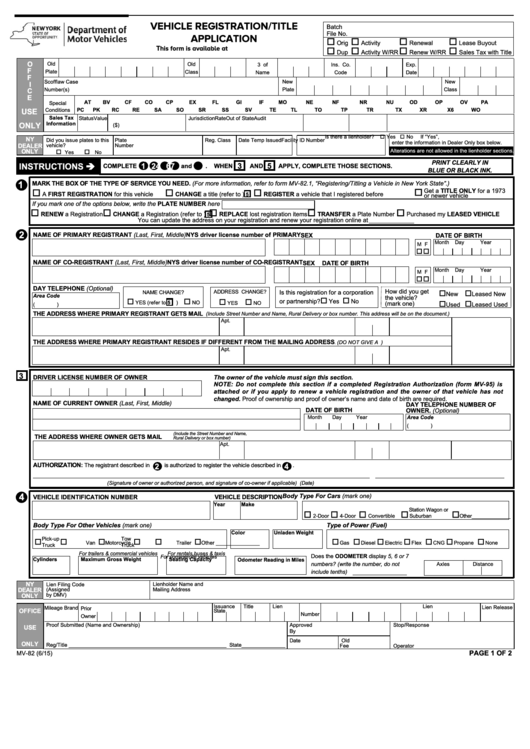 Fillable Form Mv-82 - Application For A Parking Permit Or License Plates Printable pdf