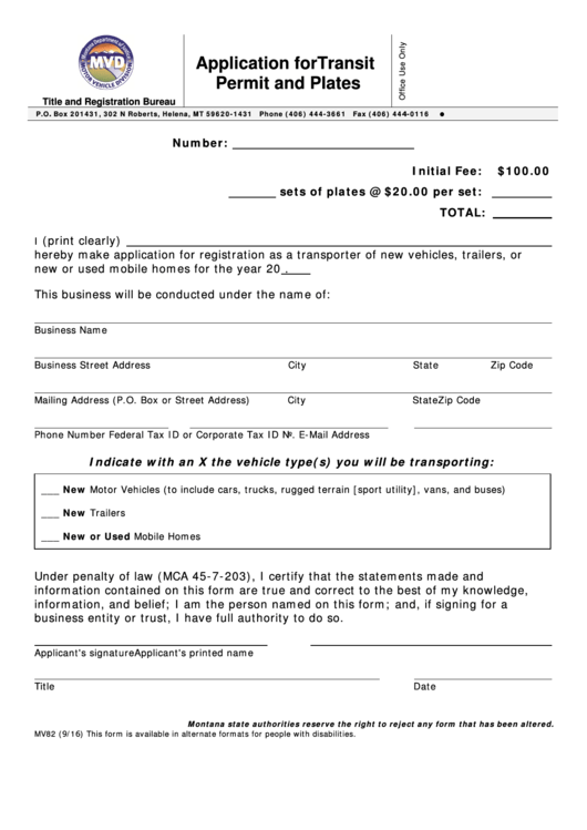 Form Mv82 - Application For Transit Permit And Plates