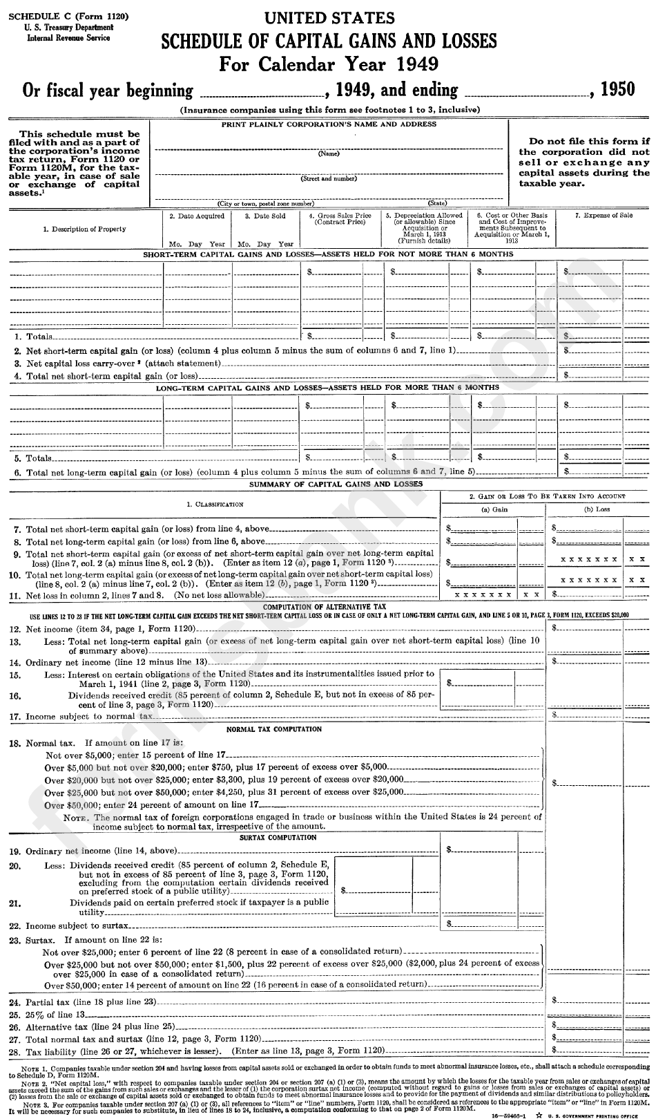 Form 1120 Schedule C - Schedule Of Capital Gains And Losses - 1949