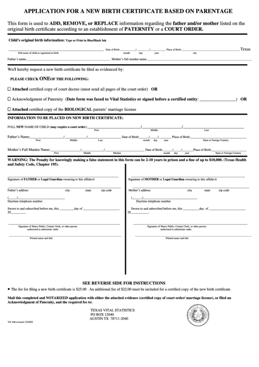 Form Vs-166 - Application For A New Birth Certificate Based On Parentage Printable pdf