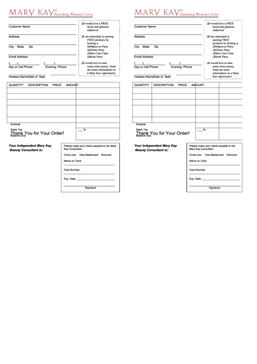 Thank You For Your Order Form - Mary Kay Consultants Printable pdf