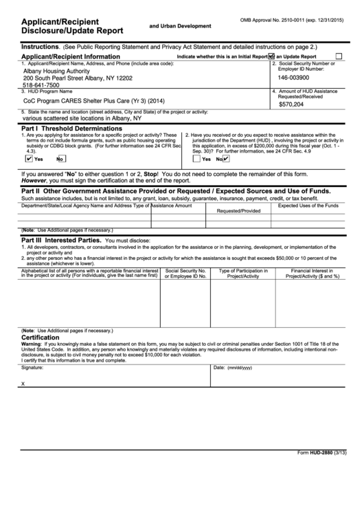 Form Hud-2880 - Applicant/recipient Disclosure/update Report