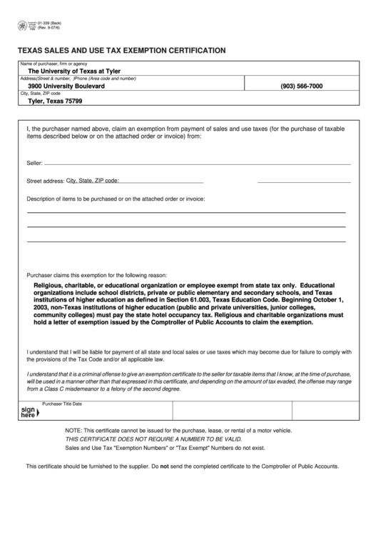 Fillable Form 01-339 (Back) - Texas Sales And Use Tax Exemption Certification Printable pdf