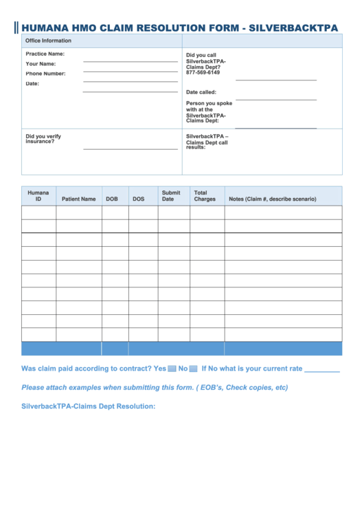 Humana Hmo Claim Resolution Form Silverbacktpa printable pdf download