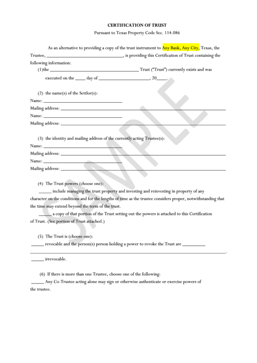 Certification Of Trust Form Printable pdf