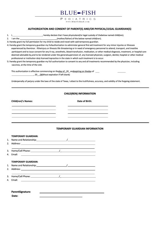 Authorization And Consent Of Parent(S) And/or Physical/legal Guardian(S) Printable pdf