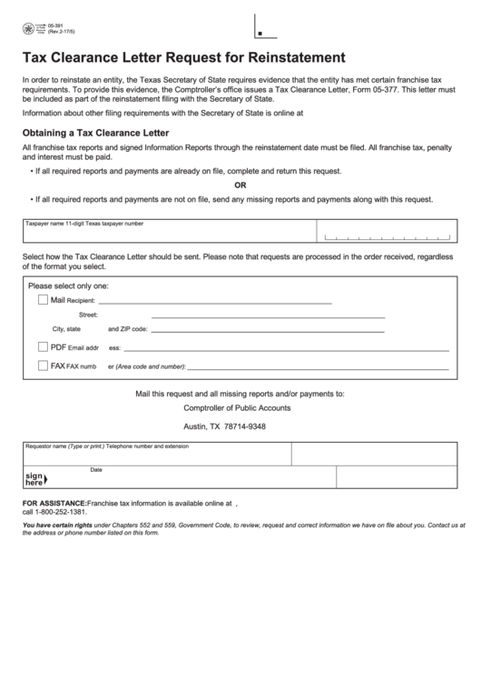 Fillable Form 05-391 - Tax Clearance Letter Request For Reinstatement Printable pdf