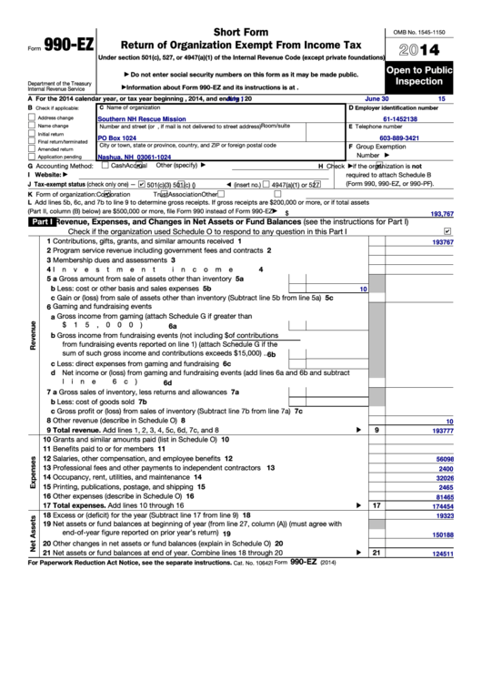 Form 990-ez - Short Form Return Of Organization Exempt From Income Tax