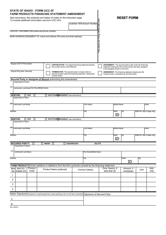 Fillable State Of Idaho - Form Ucc-3f Farm Products Financing Statement Amendment Printable pdf