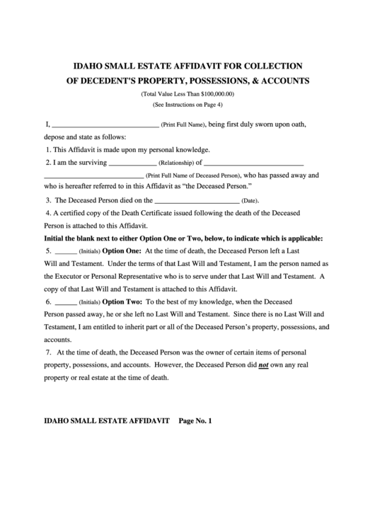 Idaho Small Estate Affidavit For Collection Printable pdf