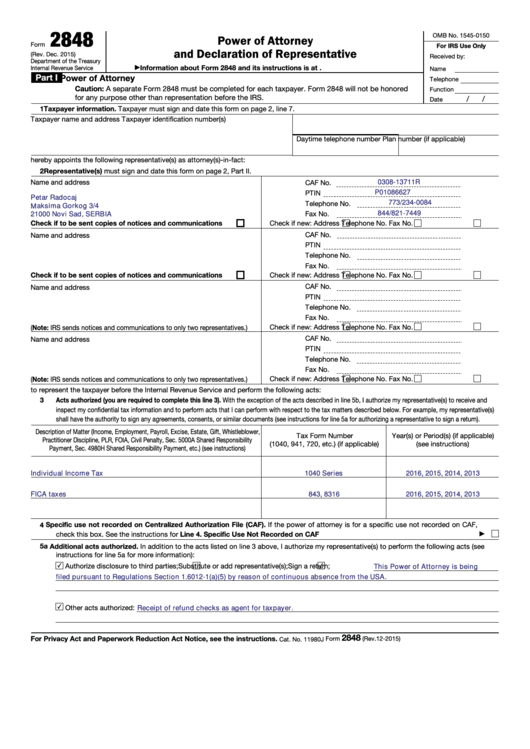 Form 2848 - Power Of Attorney And Declaration Of Representative - 2015 Printable pdf