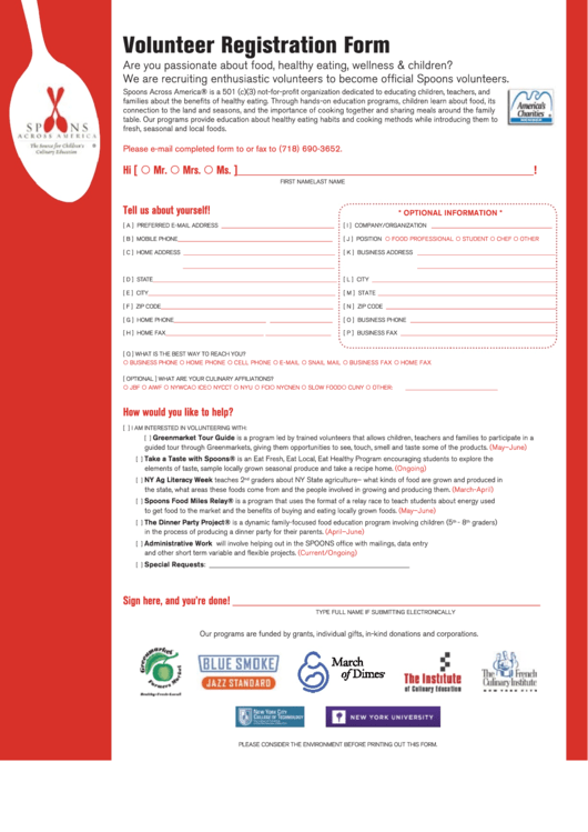 Fillable Spoons Volunteer Registration Form Printable pdf