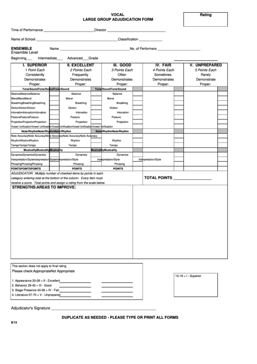 Vocal - Large Group Adjudication Form Printable pdf