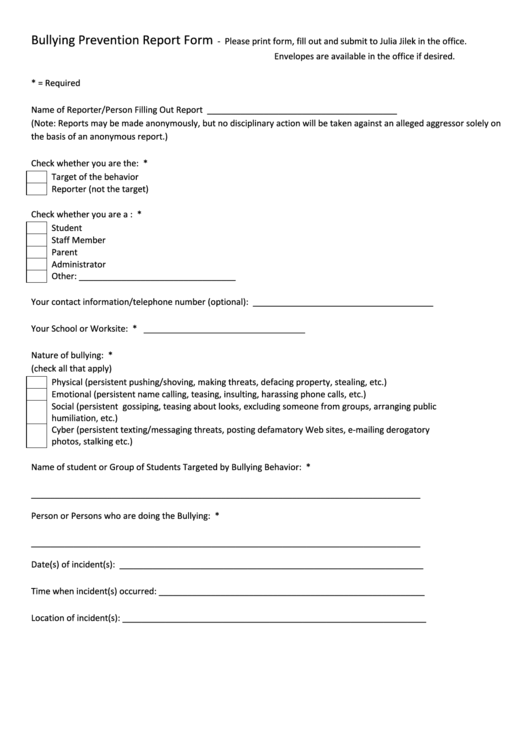 Bullying Prevention Report Form Printable pdf