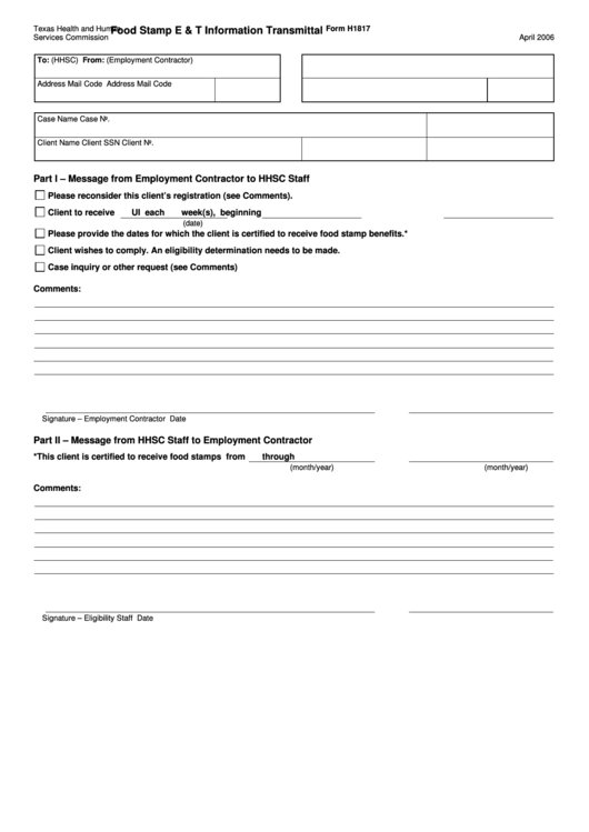 Form H1817 - Food Stamp E & T Information Transmittal Printable pdf