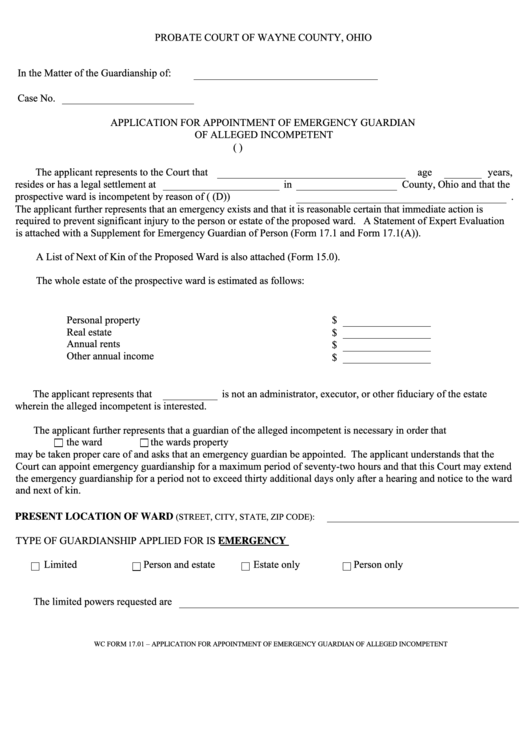 Fillable Application For Appointment Of Emergency Guardian Of Alleged Incompetent - Probate Court Of Wayne County Printable pdf