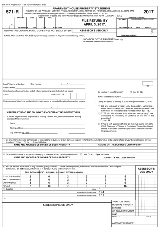 Fillable Form 571-R - Apartment House Property Statement - 2017 Printable pdf