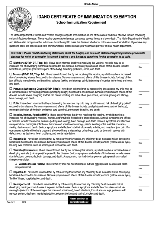 Idaho Certificate Of Immunization Exemption Form Printable pdf