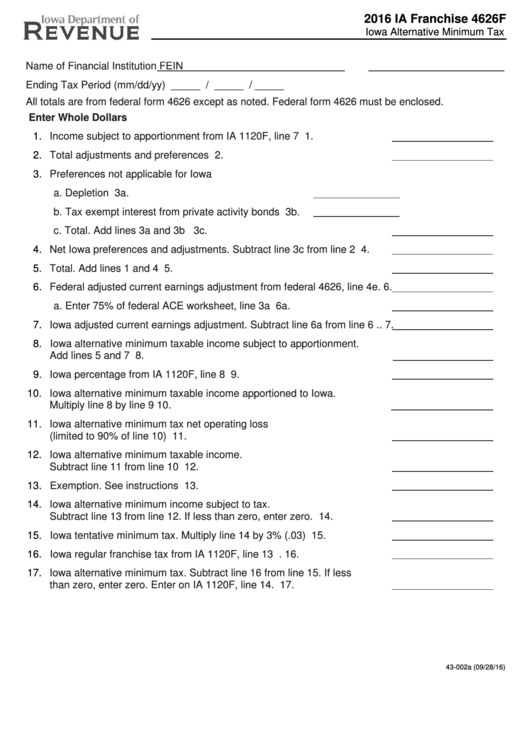 Form Ia Franchise 4626f - Iowa Alternative Minimum Tax - 2016 Printable pdf
