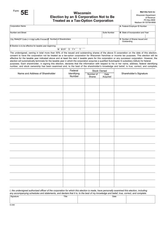 Form 5e - Wisconsin Election By An S Corporation Not To Be Treated As A Tax-Option Corporation Printable pdf