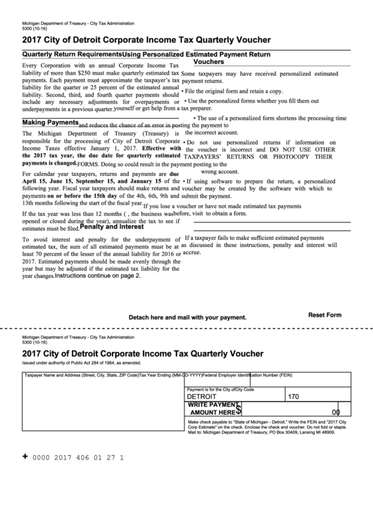 Fillable Form 5300 - City Of Detroit Corporate Income Tax - 2017 Printable pdf