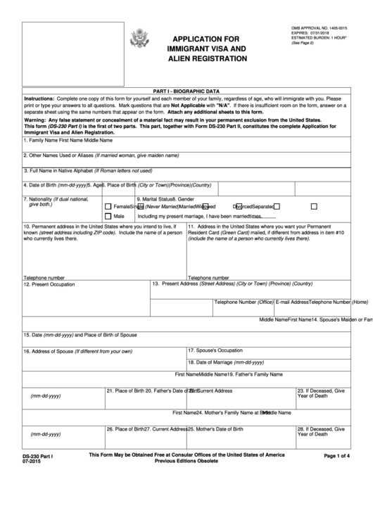 Fillable Form Ds-230 - Application For Immigrant Visa And Alien Registration Printable pdf