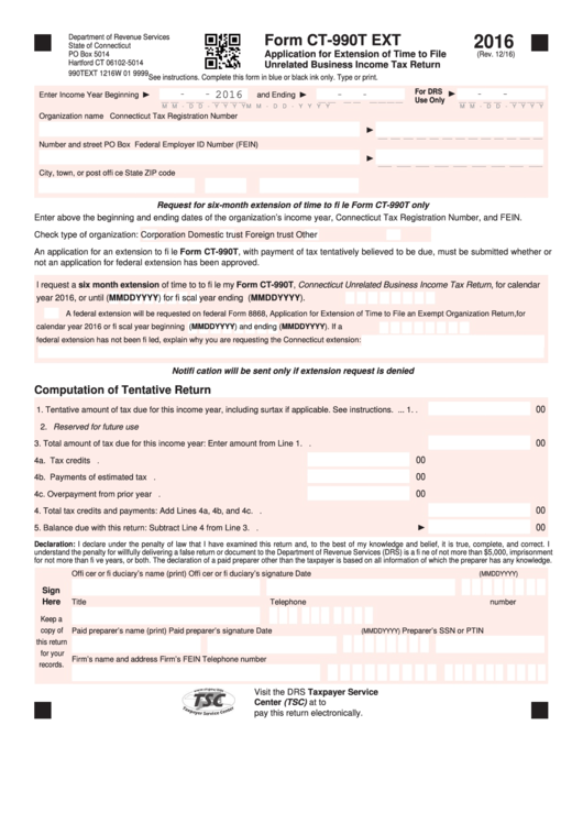 Form Ct-990t Ext - Application For Extension Of Time To File Unrelated Business Income Tax Return - 2016 Printable pdf