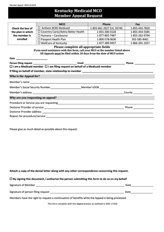 Fillable Kentucky Medicaid Mco Member Appeal Request Form Printable pdf