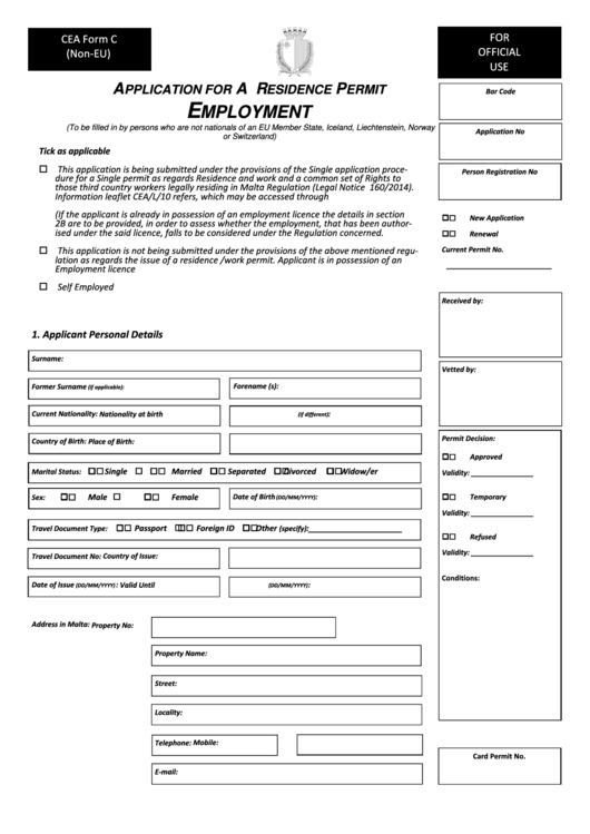 Application For A Residence Permit Employment Printable Pdf Download