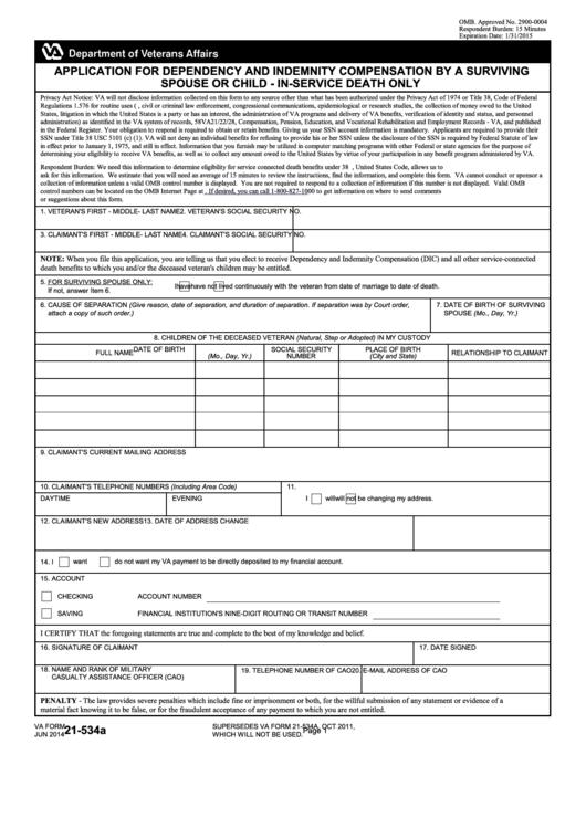 Fillable Va Form 21-534a - Application For Dependency And Indemnity Compensation By A Surviving Spouse Or Child - In-Service Death Only Printable pdf