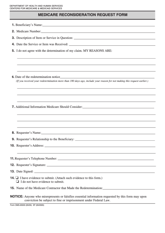 Fillable Medicare Reconsideration Request Form Printable pdf
