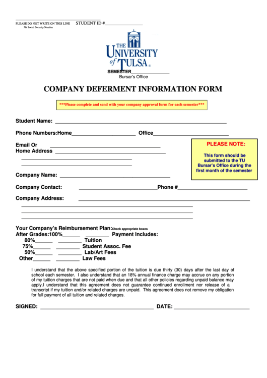 Company Deferment Information Form Printable pdf