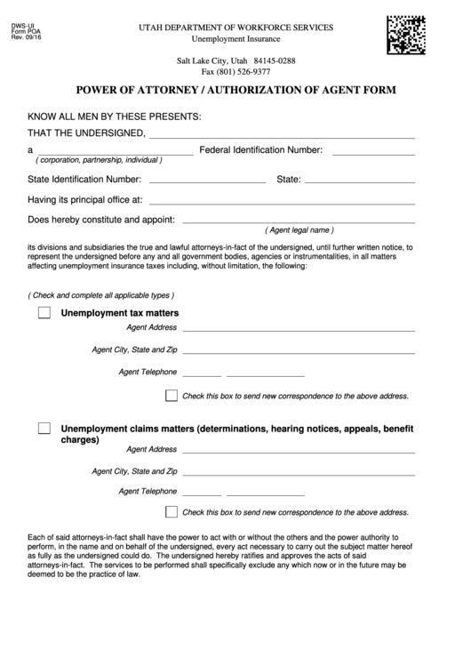 Form Poa (Rev. 09/16) - Power Of Attorney / Authorization Of Agent Form Printable pdf