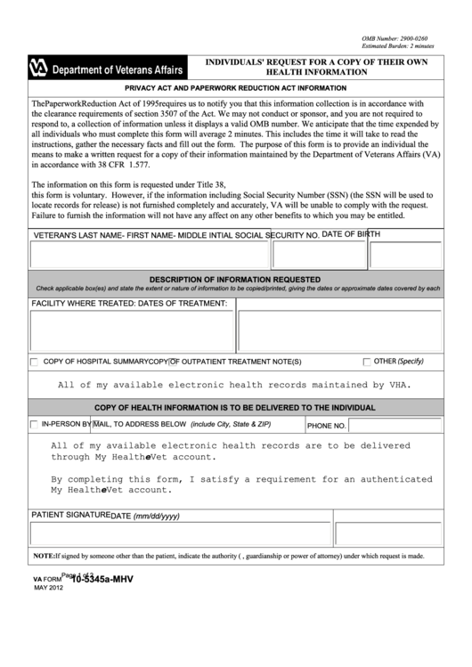 Va Form 10-5345a-mhv - Individuals' Request For A Copy Of Their Own Health Information