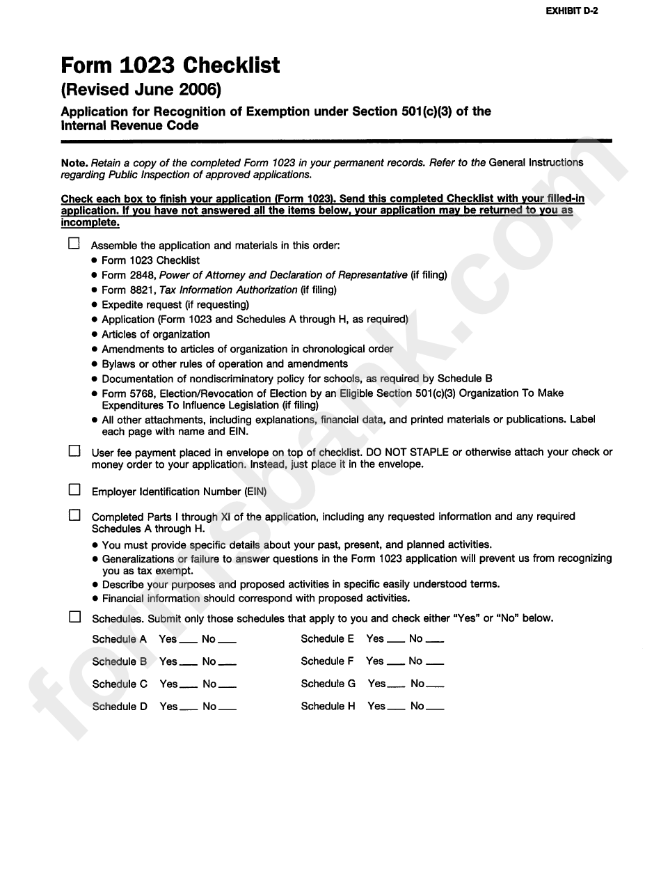 Form 1023 Checklist (Revised June 2006)