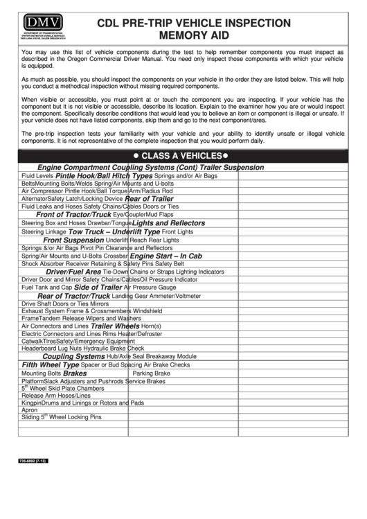 Cdl Pre-Trip Vehicle Inspection Memory Aid Form Printable pdf