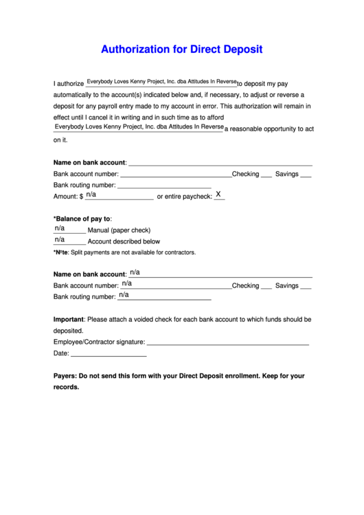 Fillable Direct Deposit Form Printable pdf