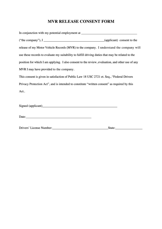 Mvr Release Consent Form Printable pdf