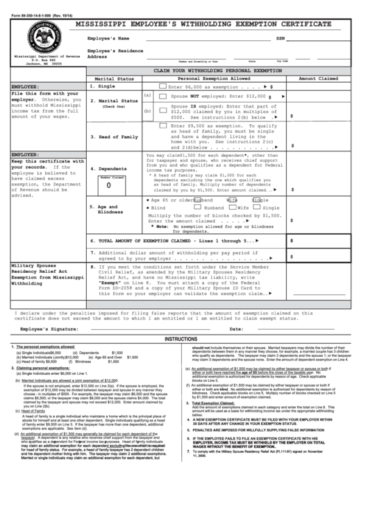 Fillable Mississippi Employees Withholding Certificate Printable pdf