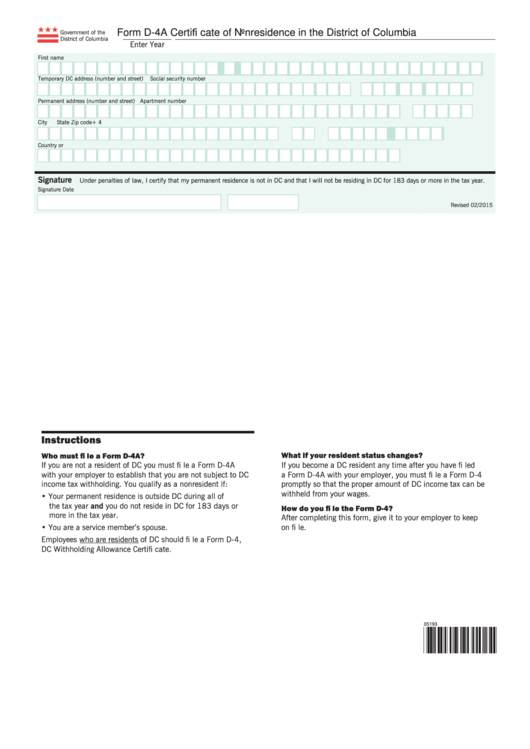 Form D-4a Certificate Of Nonresidence In The District Of Columbia Printable pdf
