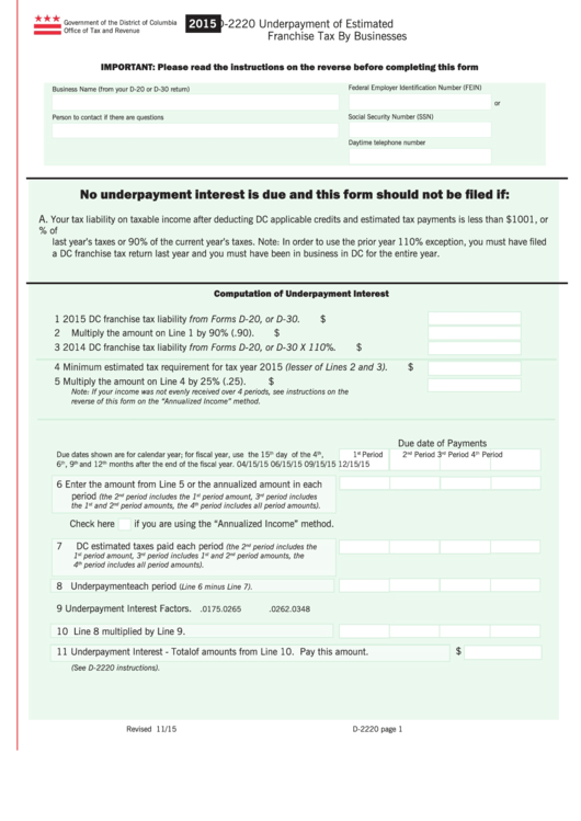 Fillable 2015 D-2220 Underpayment Of Estimated Franchise Tax By Businesses Printable pdf