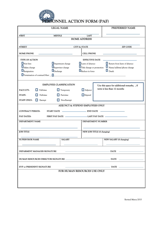 Fillable Personnel Action Form printable pdf download