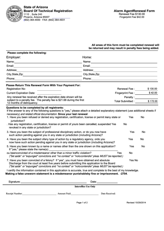 Fillable State Of Arizona Alarm Agent Renewal Form Board Of Technical Registration Printable pdf