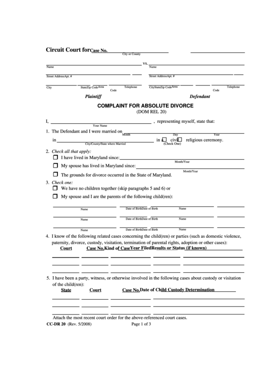 Fillable Complaint For Absolute Divorce Printable pdf