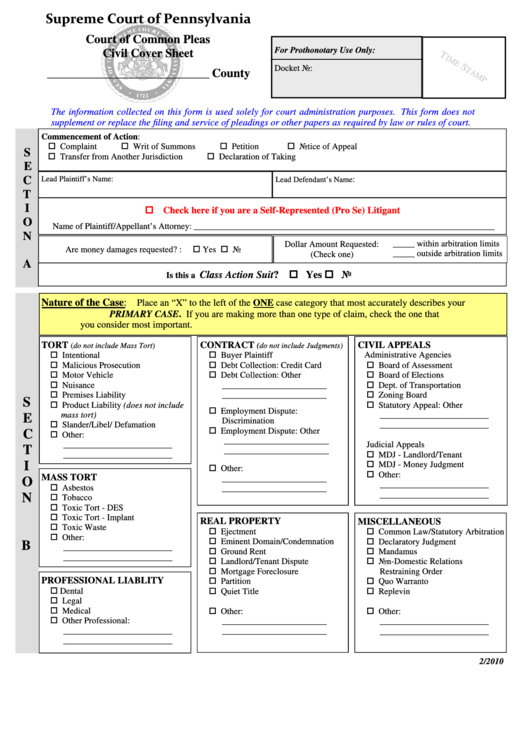 Fillable Court Of Common Pleas Civil Cover Sheet - Pennsylvania Printable pdf