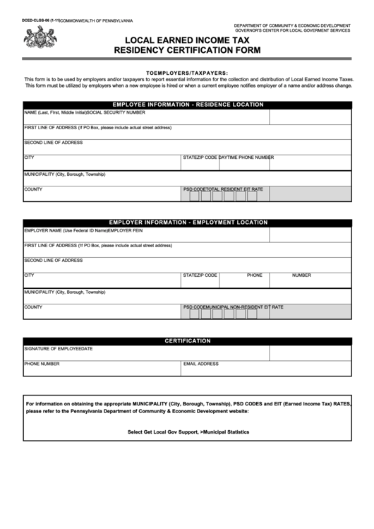 Fillable Local Earned Income Tax Residency Certification Form Printable pdf