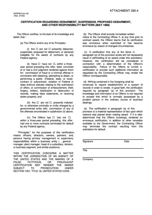 Oprpm Form 94 - Certification Regarding Debarment, Suspension, Proposed Debarment, And Other Responsibility Matters (May 1989) Printable pdf